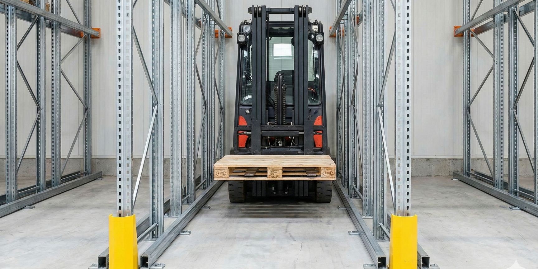 Ein Gabelstapler mit einer Palette fährt in den Kanal eines Einfahrregals. Das Bild zeigt die engen Toleranzen zu den Ständern und die gelben Bodenführungsschienen, die für die Sicherheit beim Einfahren sorgen